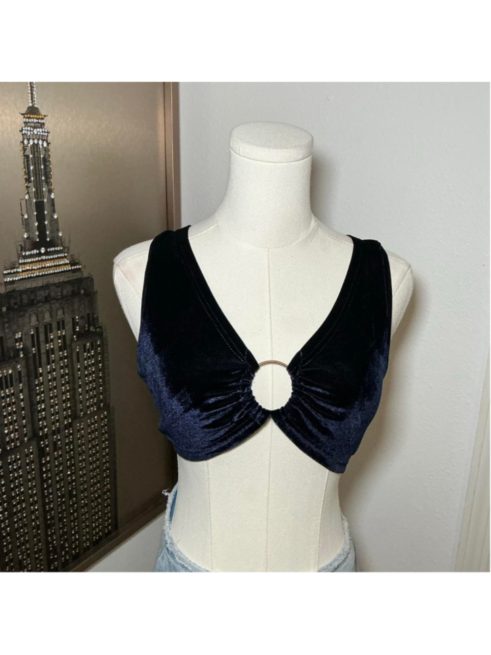 Y2K Navy Blue Velvet O Ring Cutout Crop Top Size Small